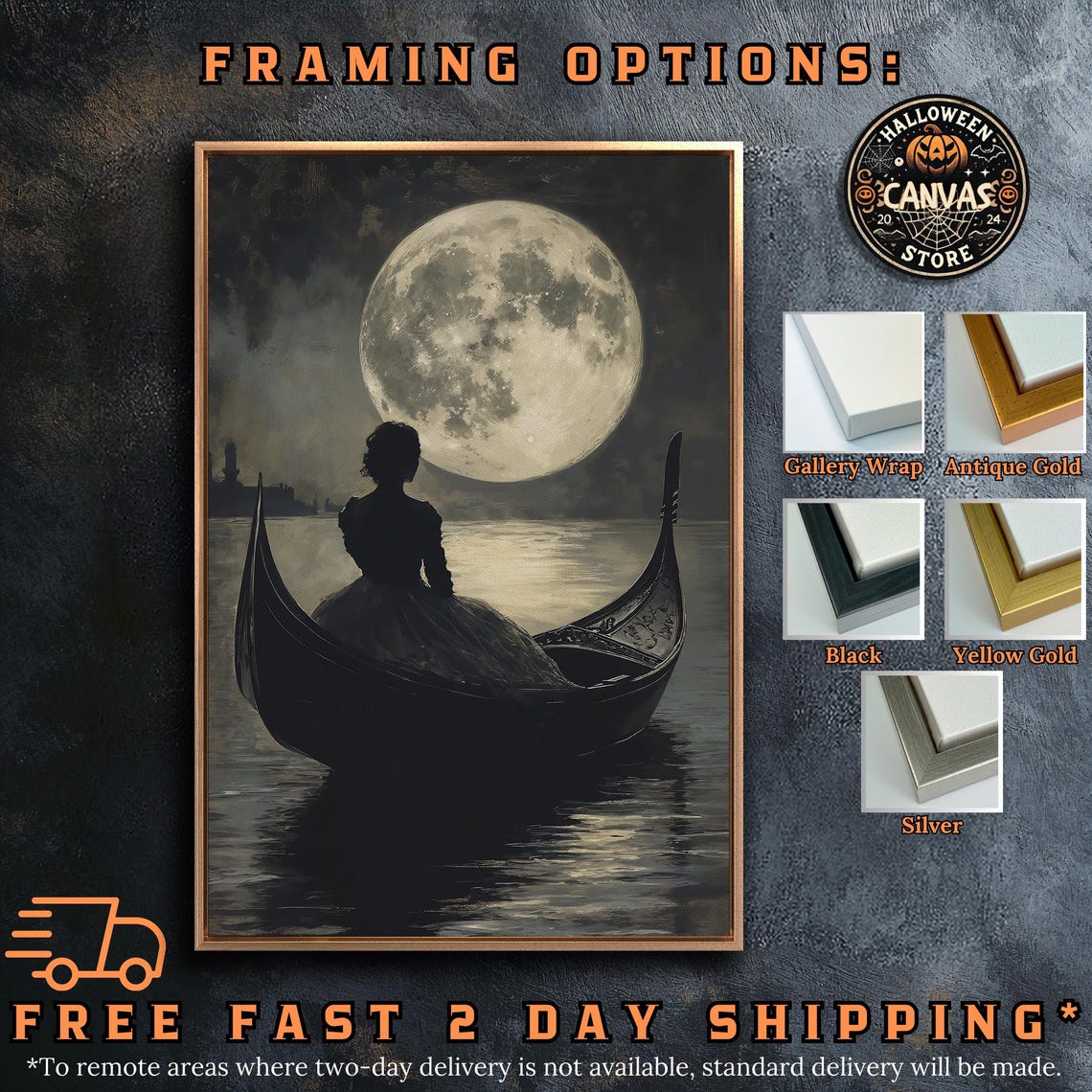 Gothic Woman in Gondola Beneath Pale Glowing Full Moon Night Poster - Image 5