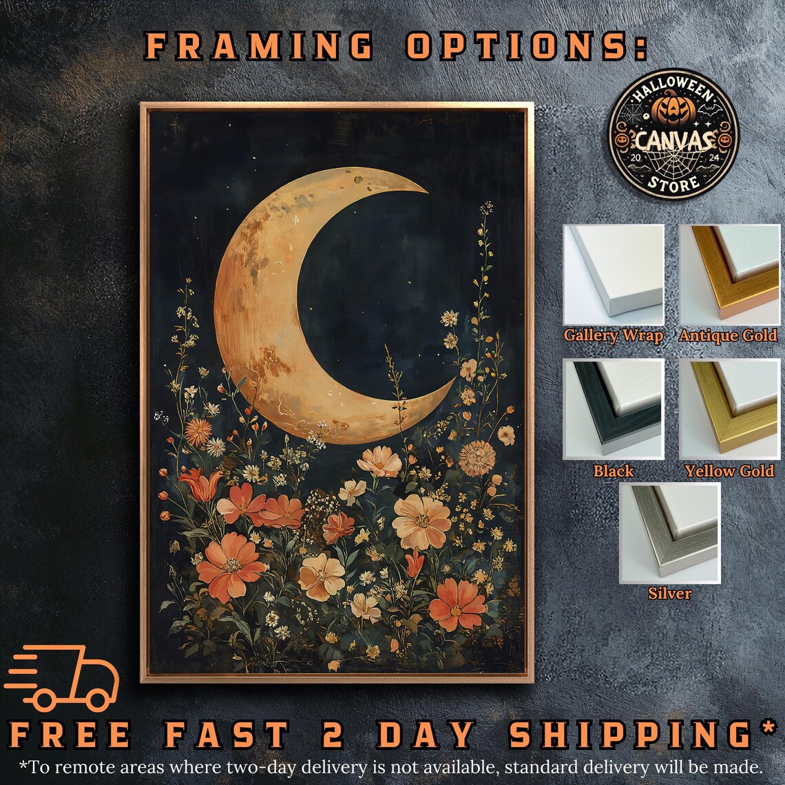Crescent Moon Over Wildflowers Dreamy Orange Floral Night Dark Botanical Poster - Image 5