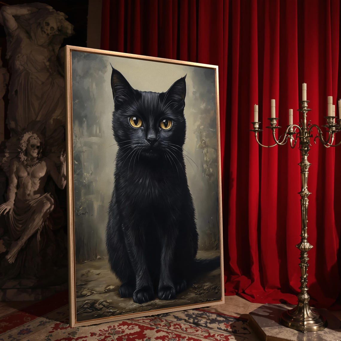 Black Cat With Amber Eyes Sitting Portrait Gothic Painting Poster - Image 4