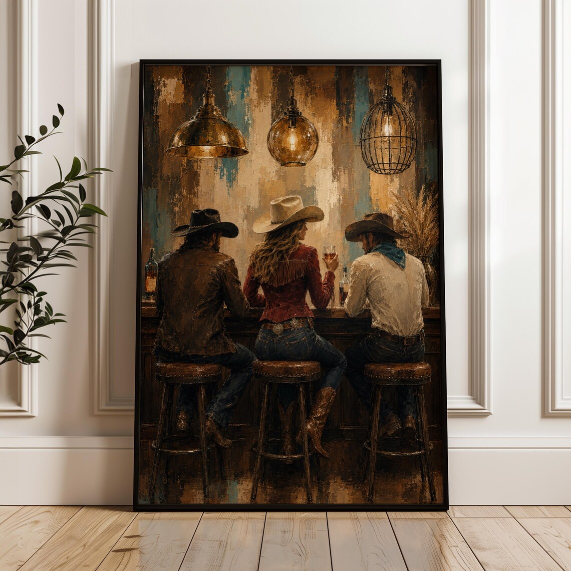 Three Cowboys at Rustic Saloon Bar Warm Oil Painting Western Ranch Poster