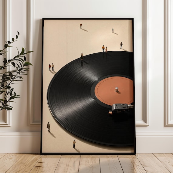 Giant Vinyl Record Tiny People Turntable Minimalist Surreal Music Poster