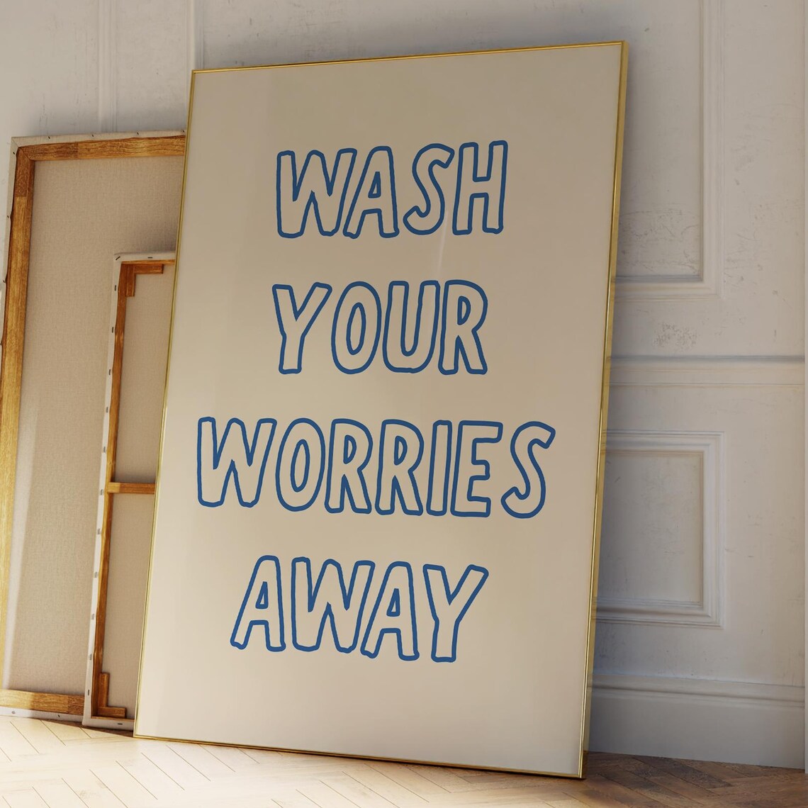 Wash Your Worries Away Bold Blue Bathroom Quote Typography Poster