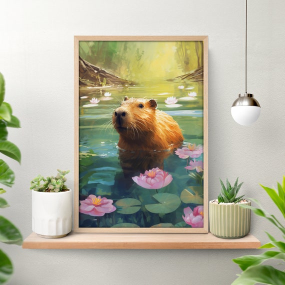 Capybara Waterlily River Poster Oil Painting Original Vintage Nature Print Funny Cute Room Decor Home Decor Posters Wild Animals Art