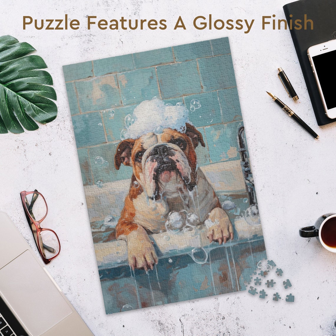 English Bulldog Taking a Soapy Bubble Bath in a Tiled Tub Poster - Image 3
