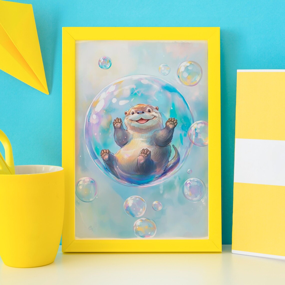Joyful Otter Bubble Poster, Funny Wild Animal Art