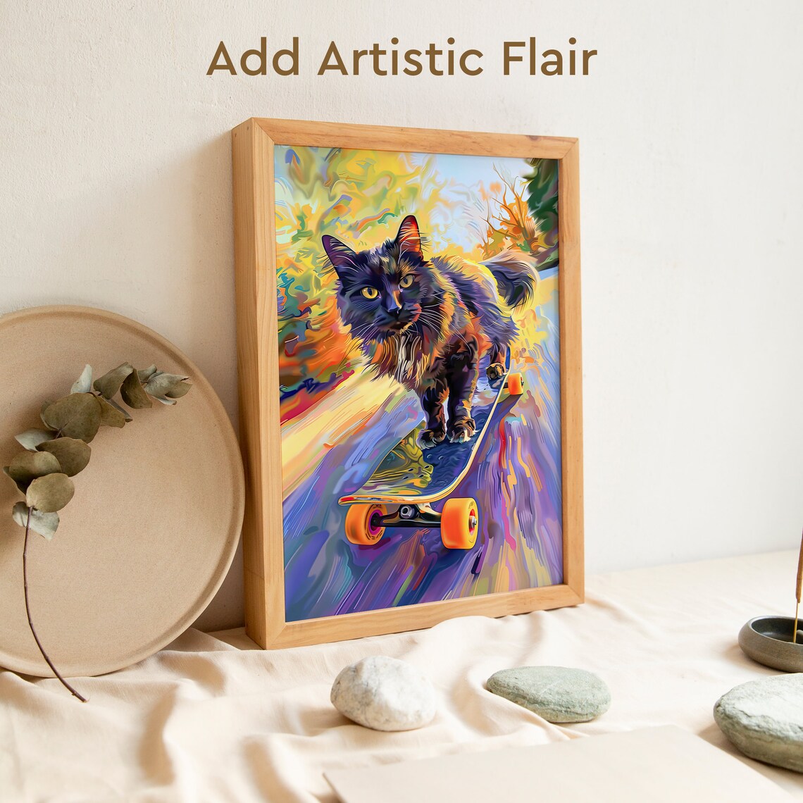 Playful Black Cat Riding a Skateboard in Bold Colorful Street Art Poster - Image 2