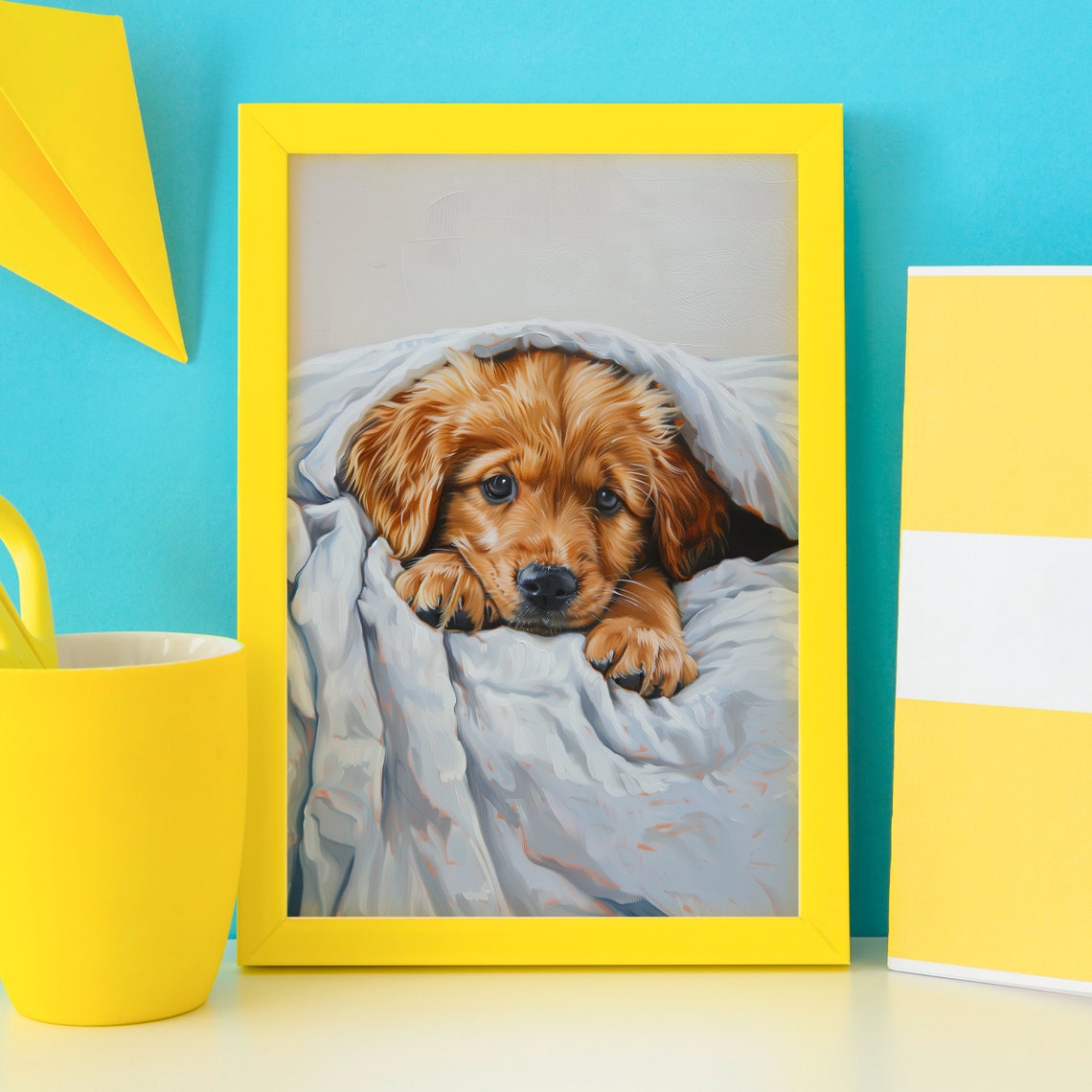 Golden Retriever Puppy Peeking Out From Under a White Blanket Poster
