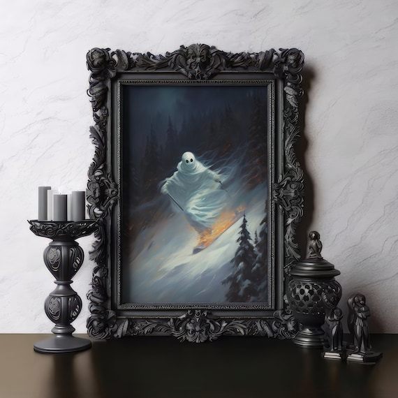 Ghost Skiing Down a Snowy Mountain Slope Under the Night Sky Poster