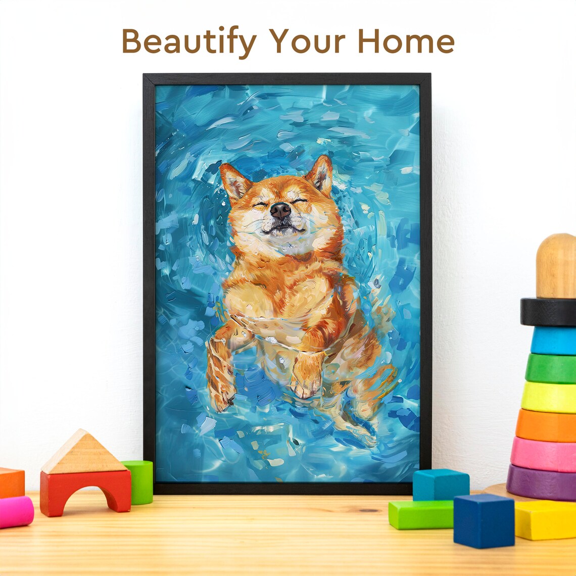 Funny Shiba Inu Swimming in a Pool Vintage Oil Painting Dog Poster - Image 3