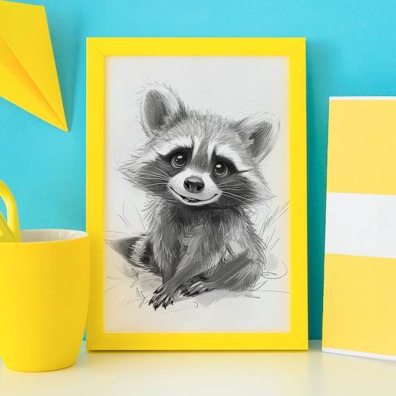 Smiling Raccoon Black and White Pencil Sketch Drawing Poster