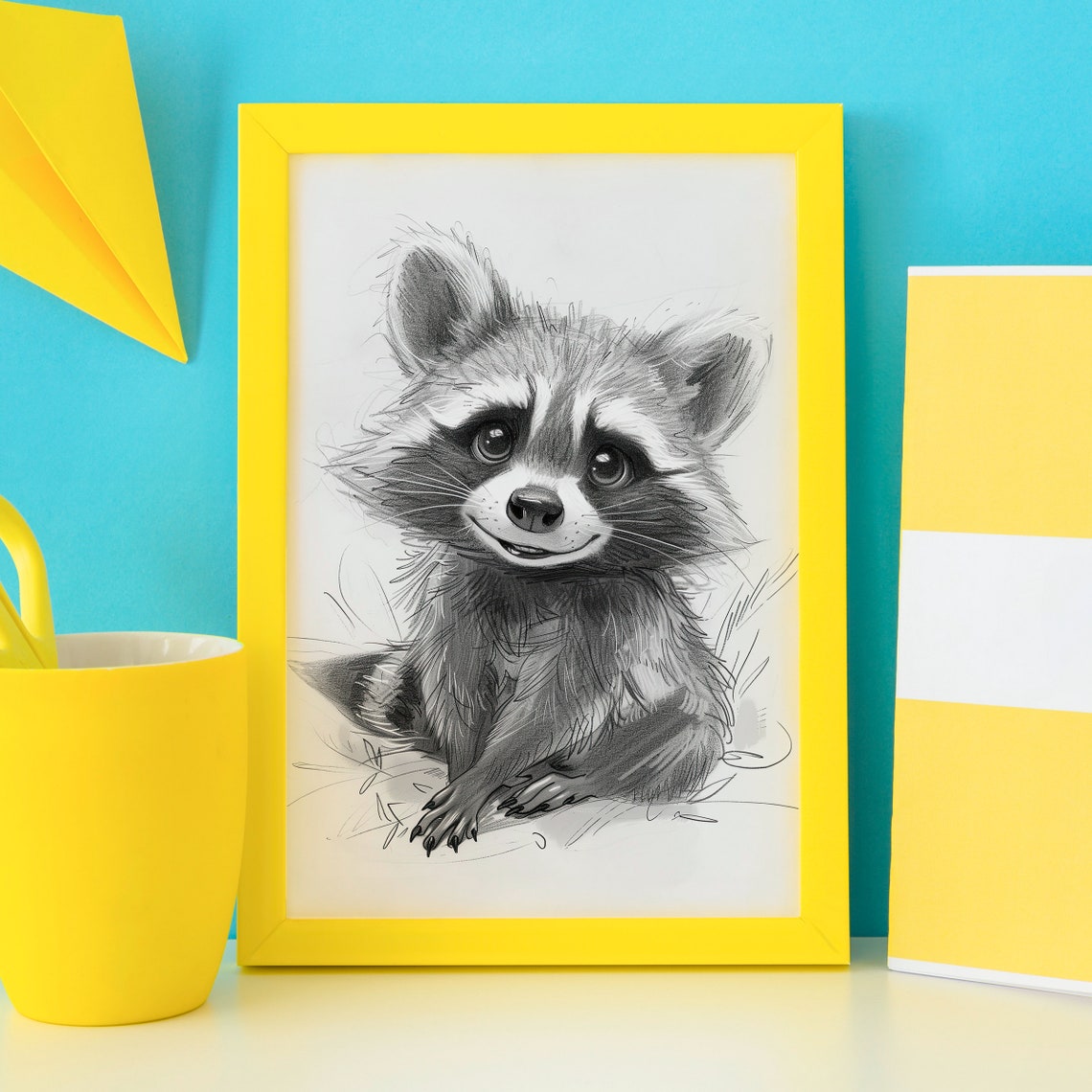 Smiling Raccoon Black and White Pencil Sketch Drawing Poster
