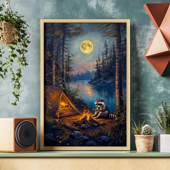 Moonlit River Raccoon Camping Art Print, Forest Wildlife