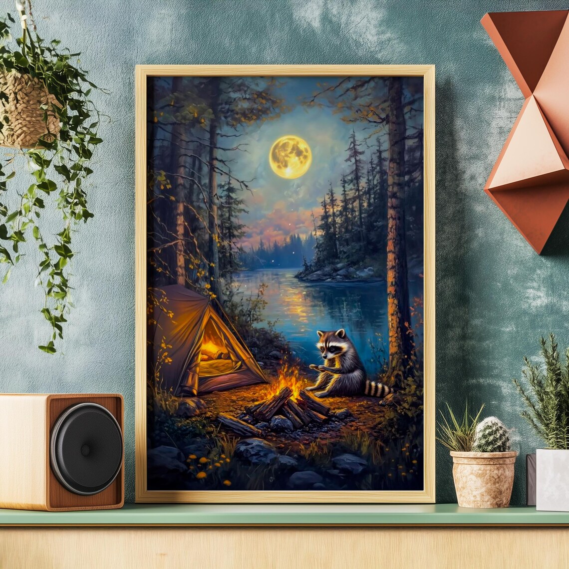 Moonlit River Raccoon Camping Art Print, Forest Wildlife