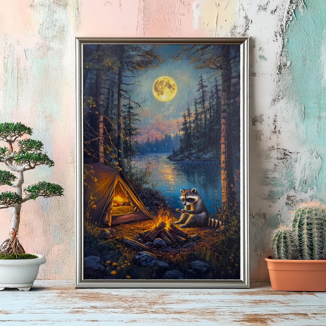 Raccoon Warming Paws by Campfire at Moonlit Lakeside Campsite Night Poster