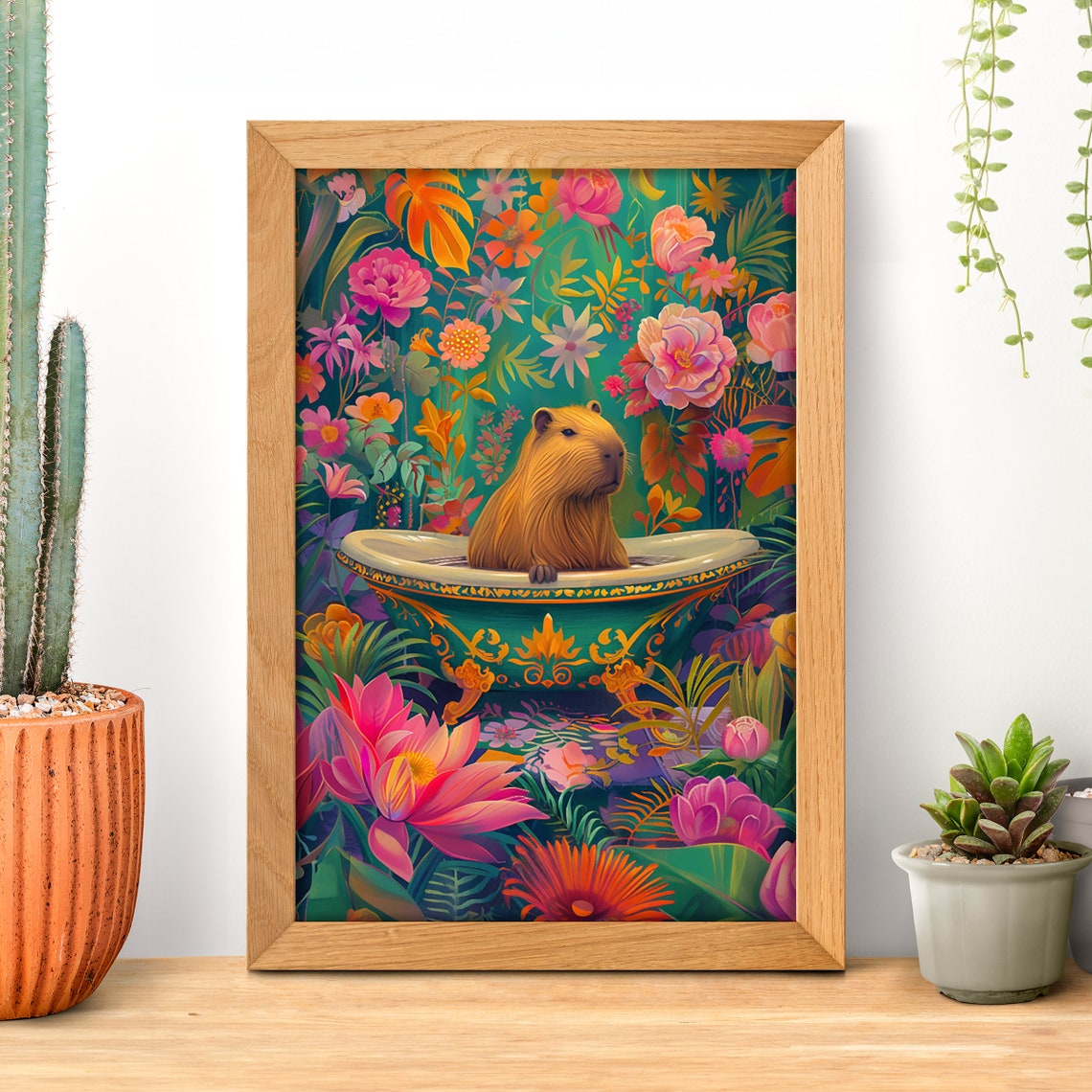 Capybara Relaxing in Bathtub Amid Vibrant Tropical Flowers Poster