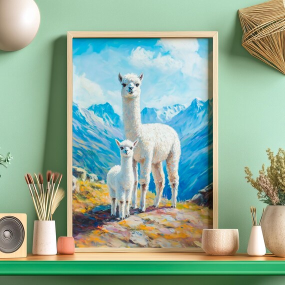 White Alpaca Mother And Baby Standing In Mountain Landscape Poster