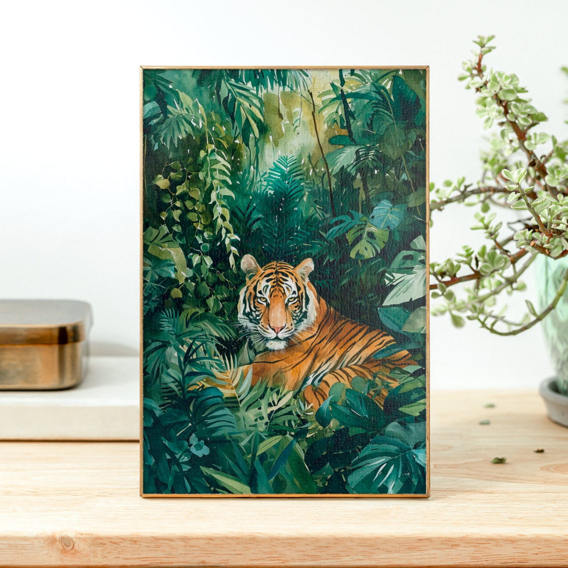 Majestic Tiger Resting in Lush Green Jungle Watercolor Poster