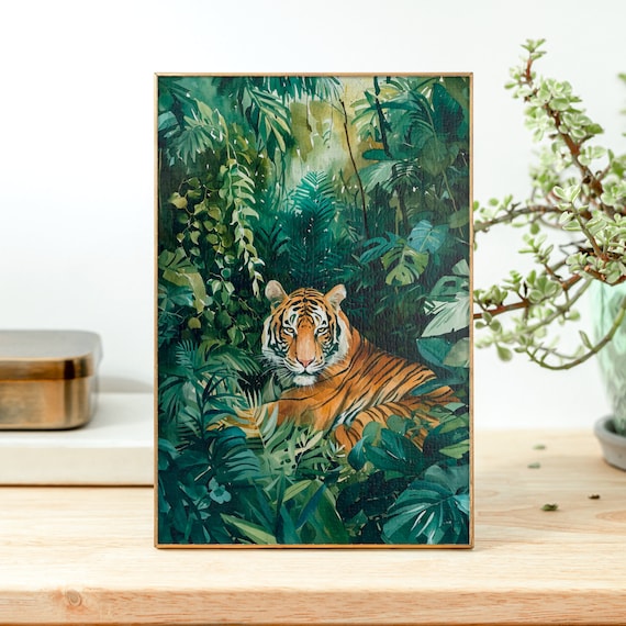 Majestic Tiger Resting in Lush Green Jungle Watercolor Poster