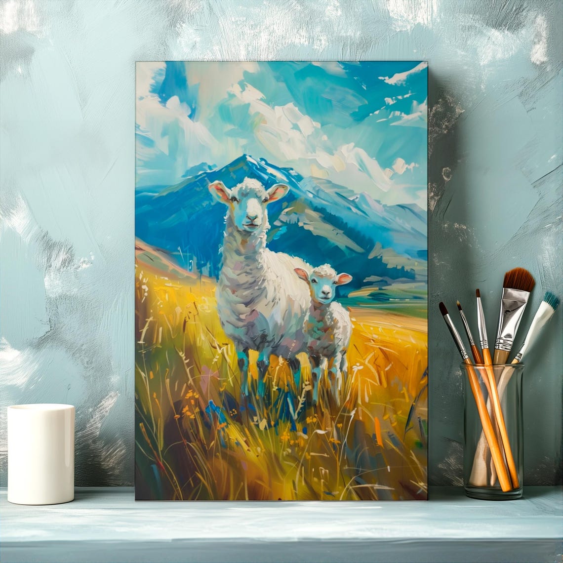 Sheep And Lamb Standing Together In A Golden Alpine Meadow Poster