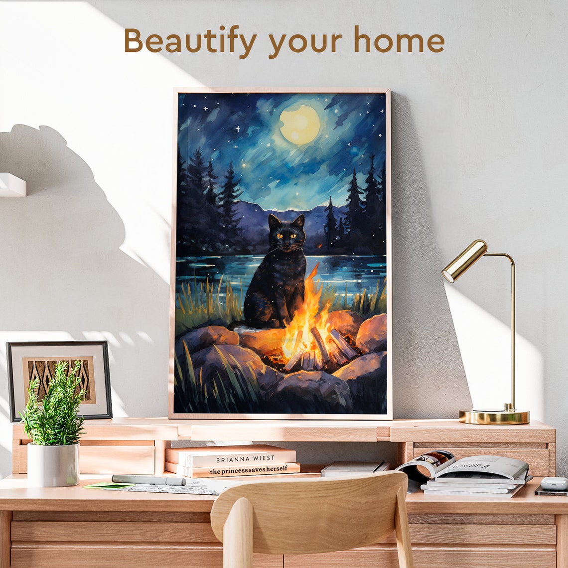 Black Cat by a Crackling Campfire Under a Moonlit Night Sky Poster - Image 3
