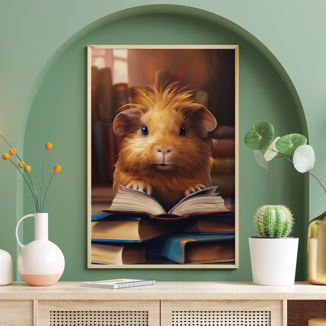 Cute Guinea Pig Reading Book in Cozy Library Funny Animal Poster