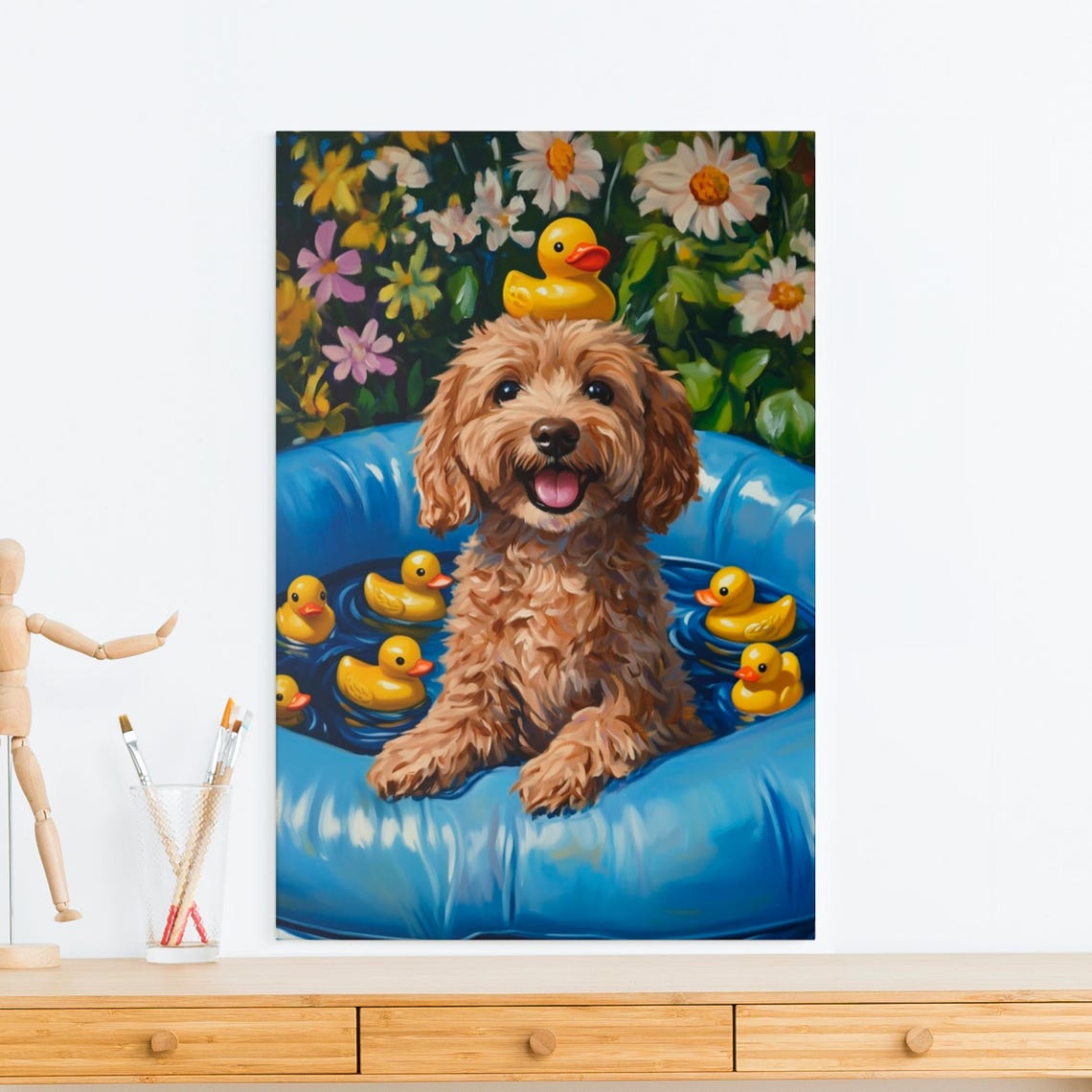 Labradoodle Puppy with a Rubber Duck on Its Head in a Blue Pool Poster