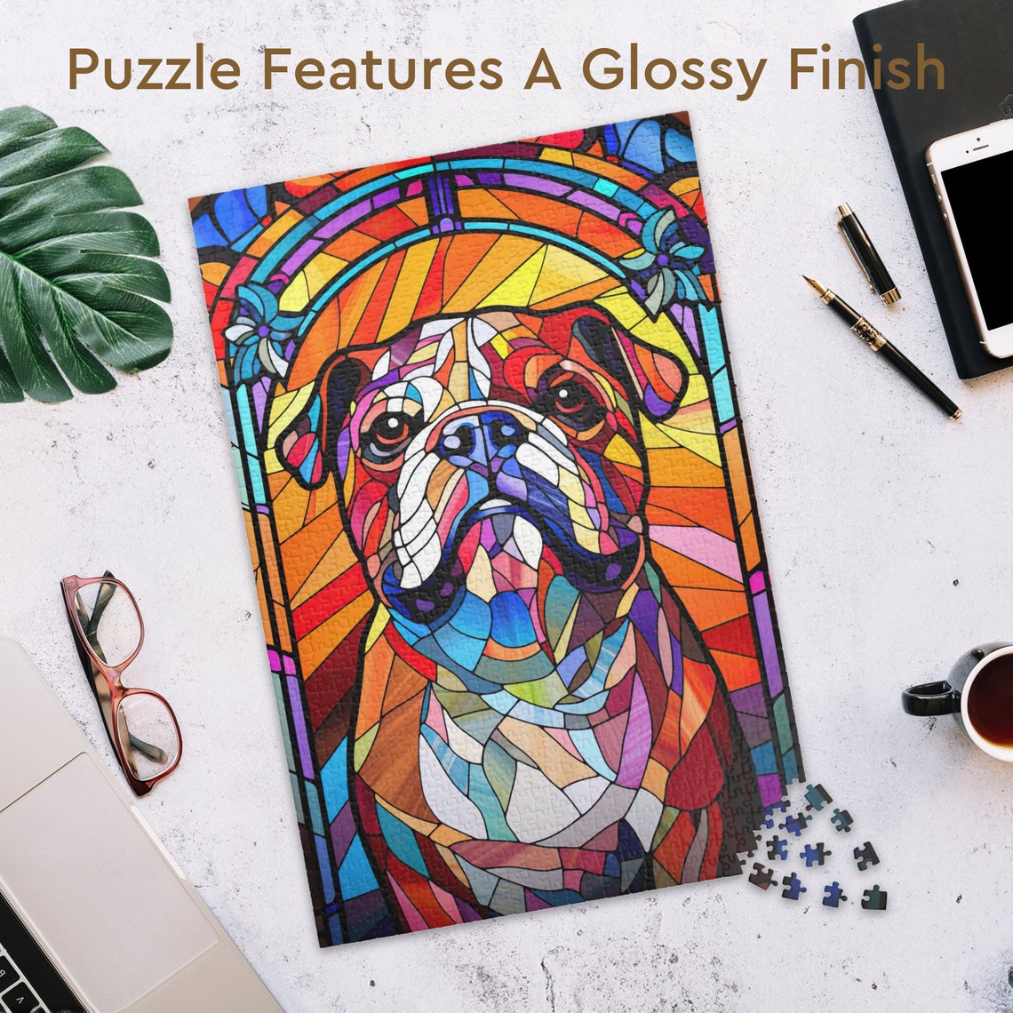 Bulldog Portrait in Colorful Stained Glass Mosaic Style Poster - Image 3