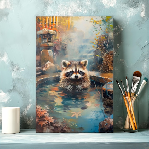 Raccoon Enjoying A Hot Spring Amid Autumn Maple Leaves Poster