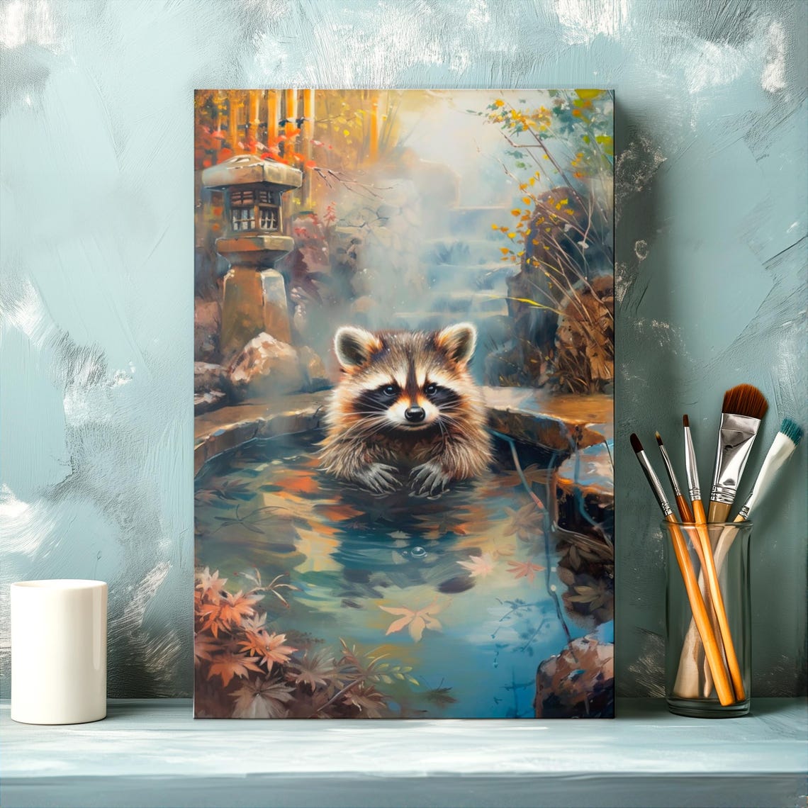 Raccoon Enjoying A Hot Spring Amid Autumn Maple Leaves Poster
