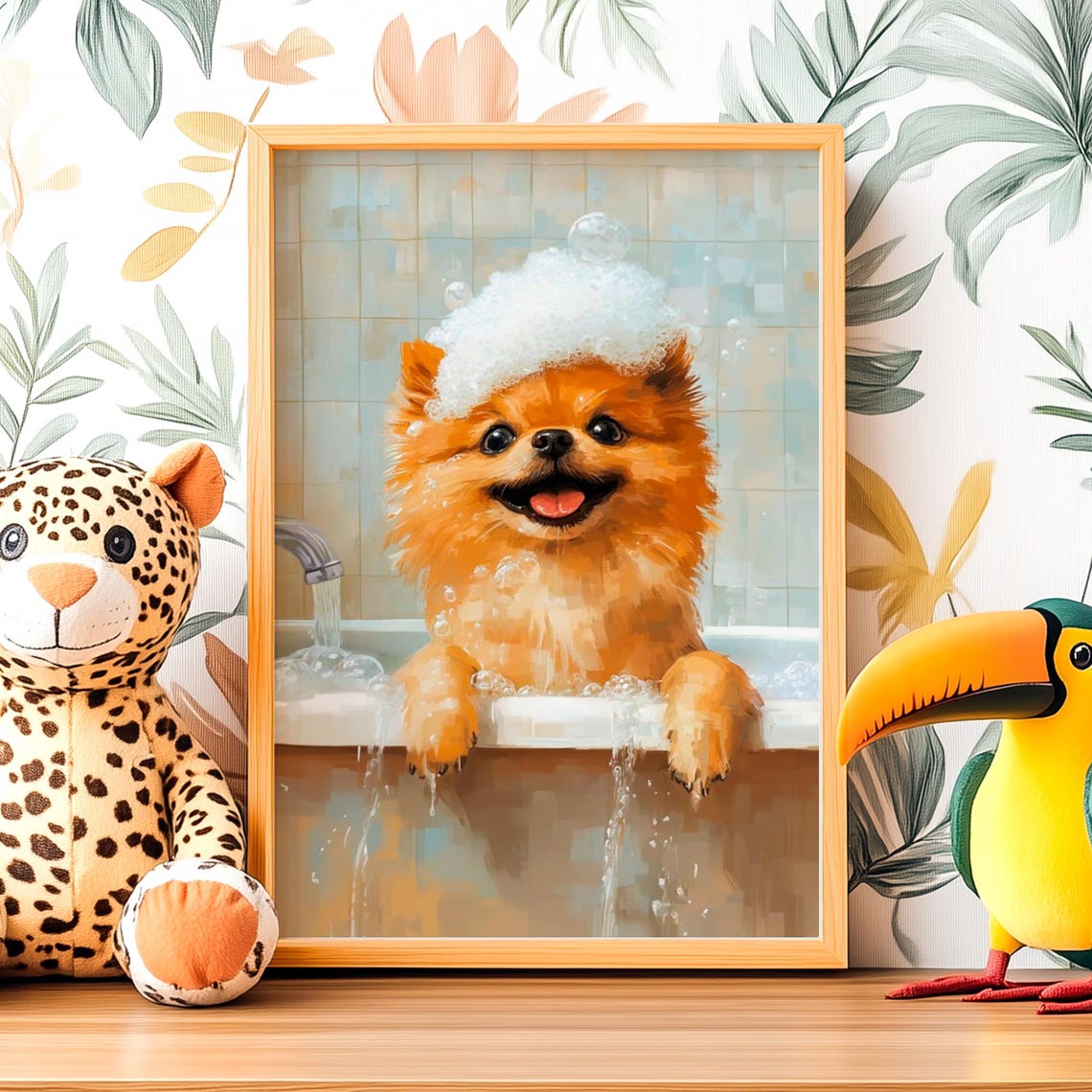 Fluffy Pomeranian Enjoying A Bubble Bath With A Smile Poster