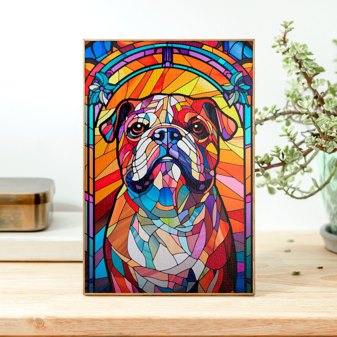 Bulldog Portrait in Colorful Stained Glass Mosaic Style Poster