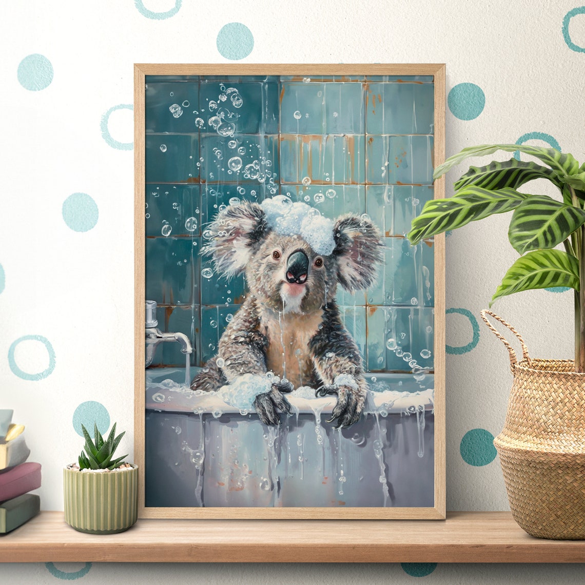 Sudsy Koala Soaking in a Vintage Blue Tiled Bathtub Scene Poster