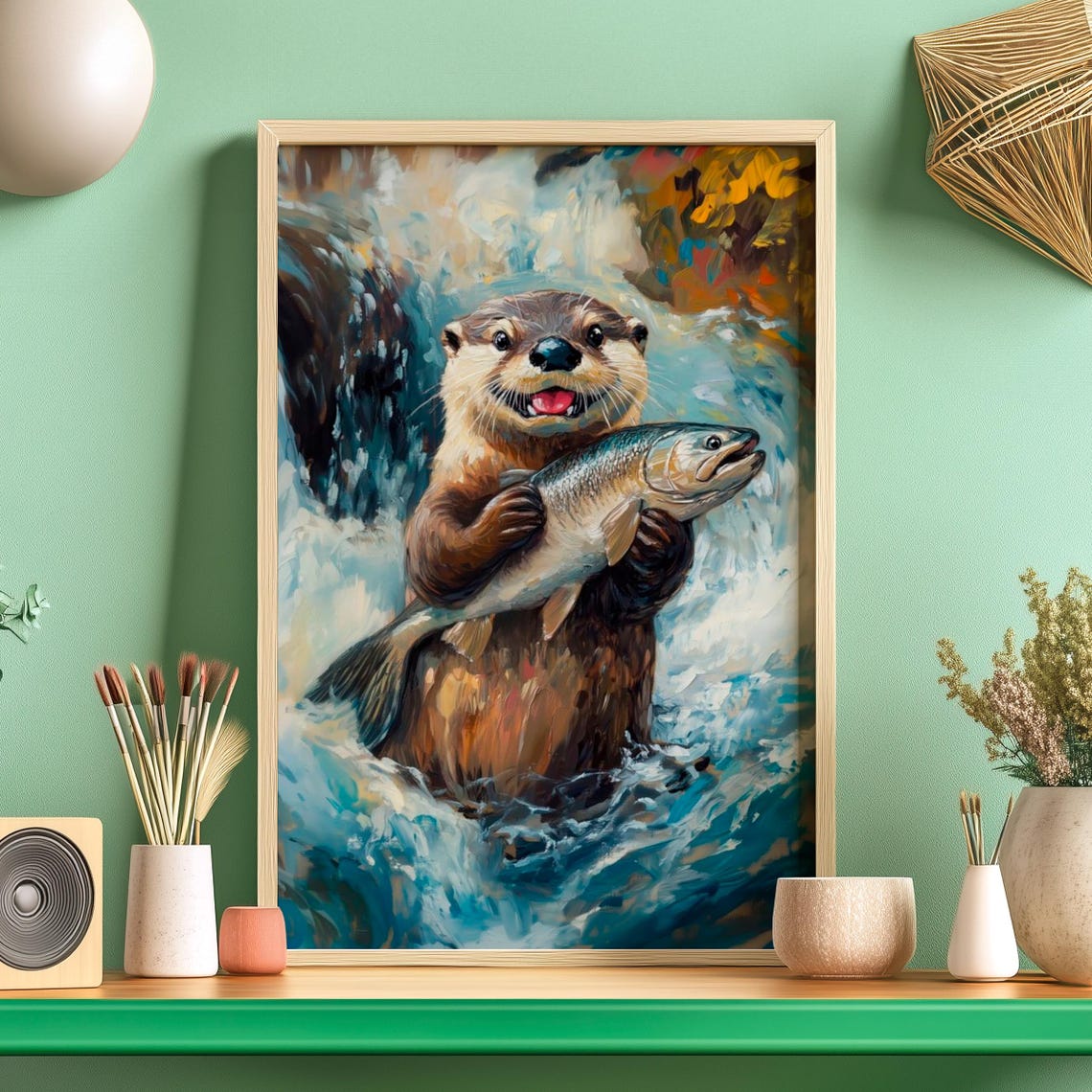 Cheerful Otter Holding A Freshly Caught Fish In Rapids Poster