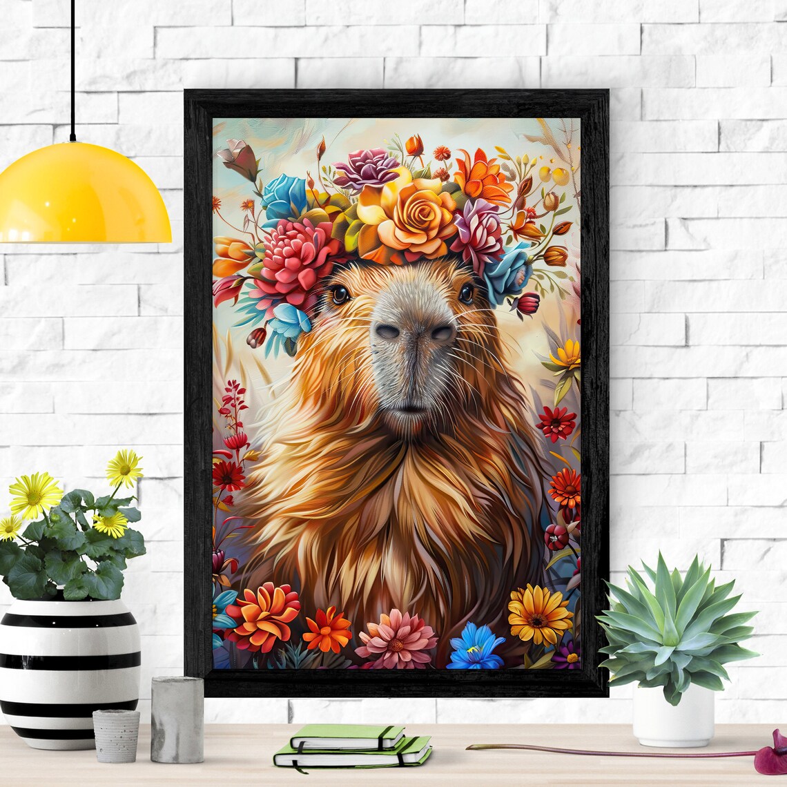 Capybara Wearing a Colorful Floral Crown Portrait Painting Poster