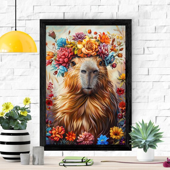 Capybara Wearing a Colorful Floral Crown Portrait Painting Poster