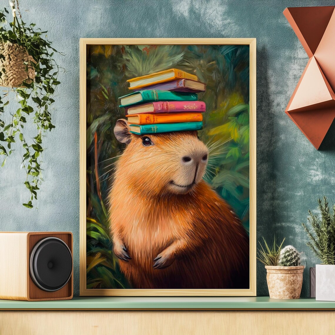 Capybara Balancing Books Poster, Lake Life Decor