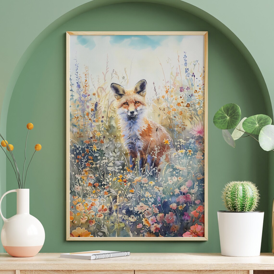 Red Fox Among Wildflowers in a Sunlit Meadow Watercolor Poster