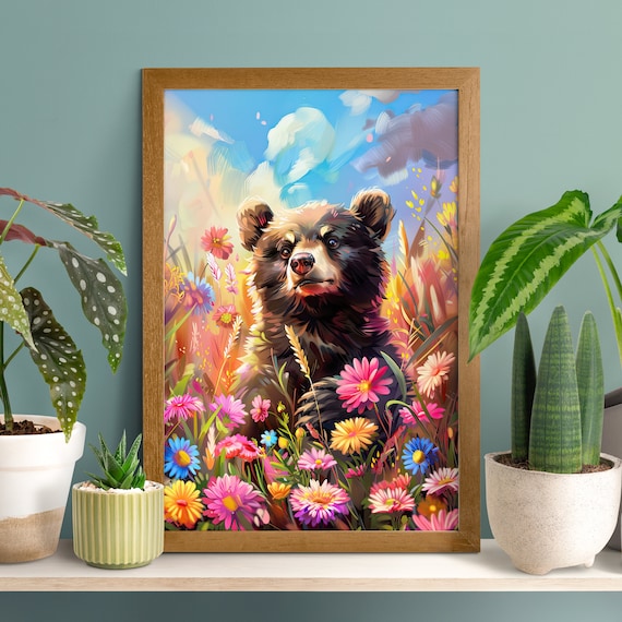 Bear Cub Sitting in a Meadow Field of Colorful Wildflowers Poster