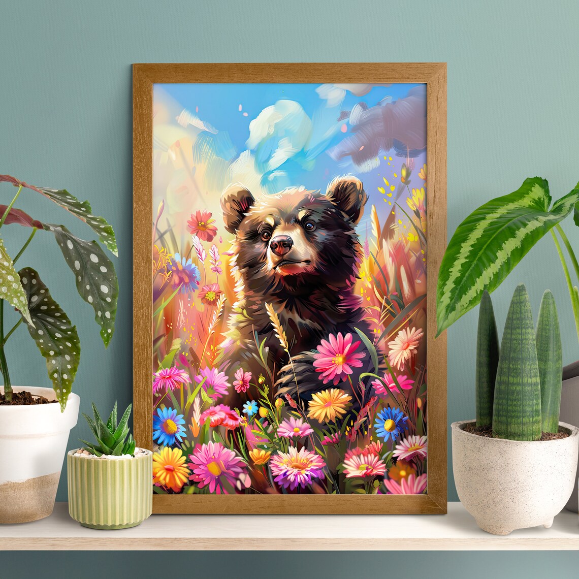 Bear Cub Sitting in a Meadow Field of Colorful Wildflowers Poster