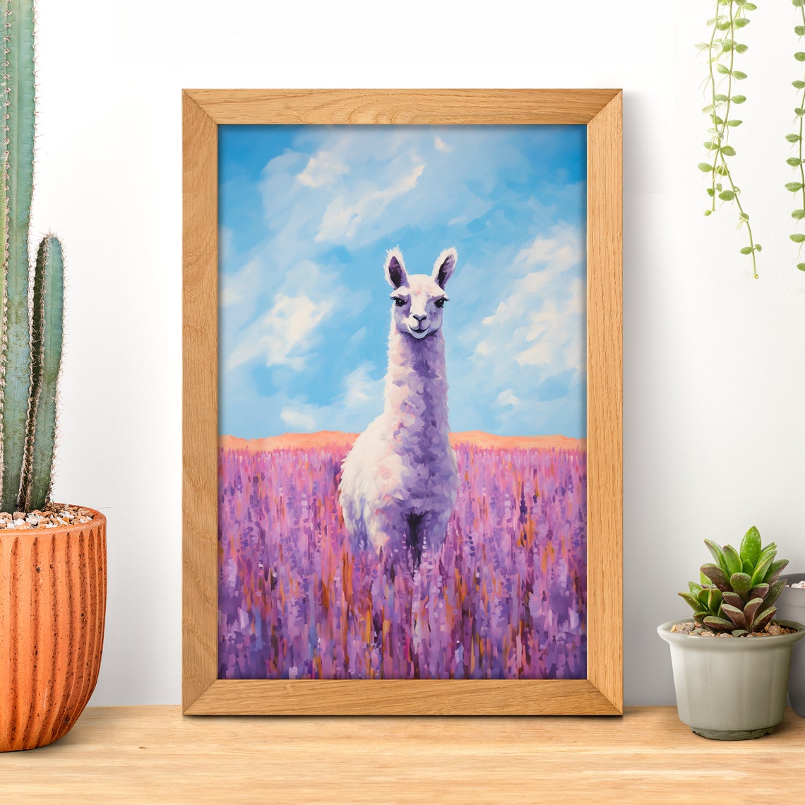 White Llama Standing in a Purple Lavender Field Under Blue Sky Poster