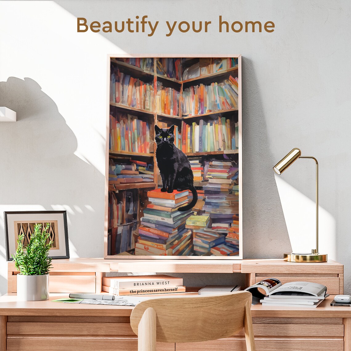 Black Cat Bookstore Colorful Bookshelves Reading Nook Library Poster - Image 3