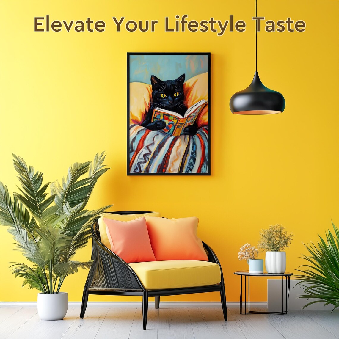 Black Cat With Golden Eyes Reading a Picture Book Tucked Cozy in Bed Poster - Image 2