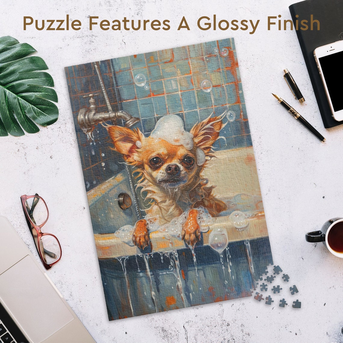 Chihuahua Puppy Taking a Bubble Bath in a Vintage Bathroom Poster - Image 3