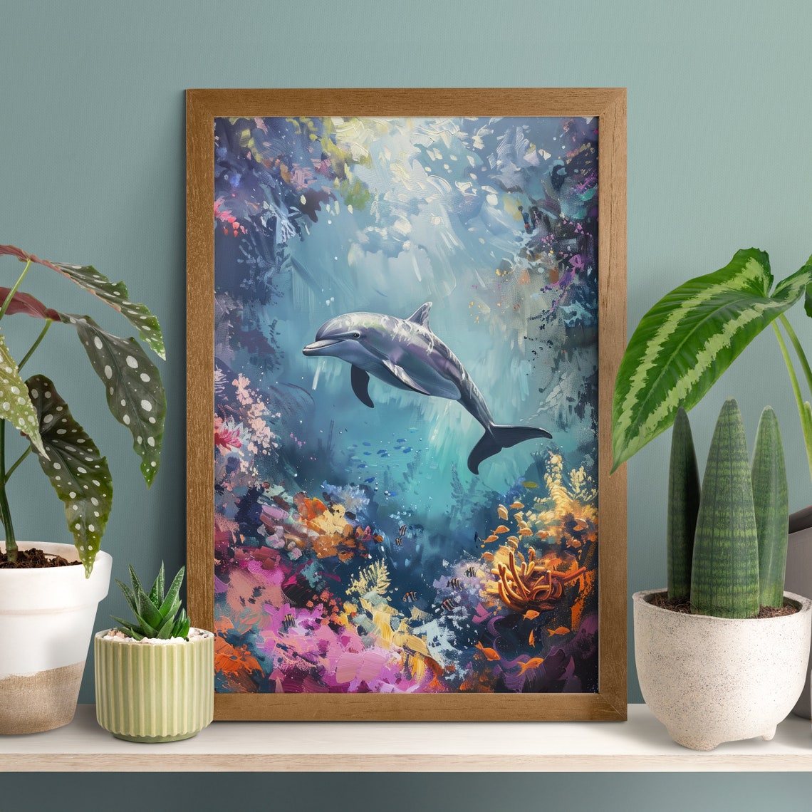 Dolphin Swimming Over a Vibrant Colorful Coral Reef Painting Poster