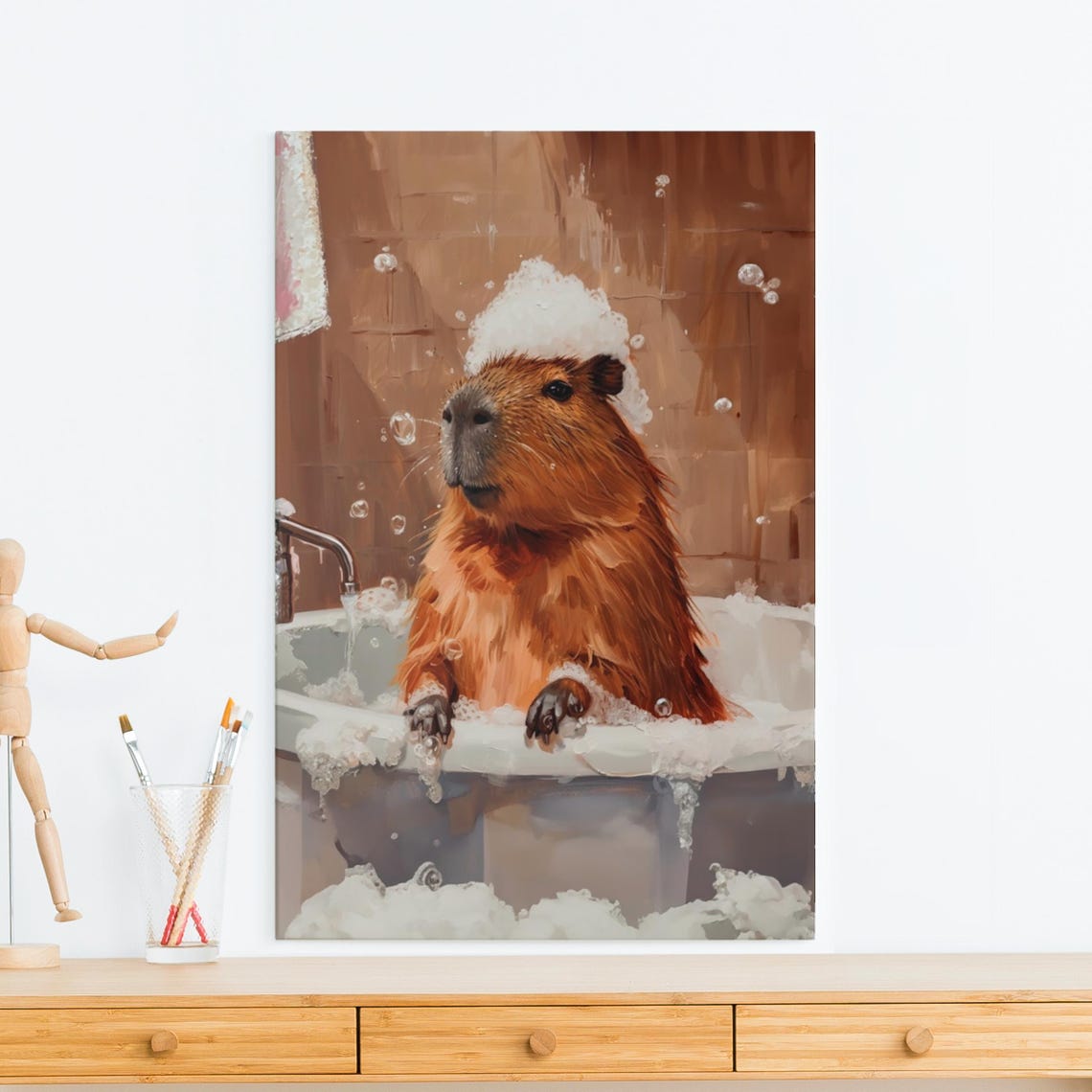 Capybara Enjoying a Foamy Bubble Bath with Suds on Its Head Poster