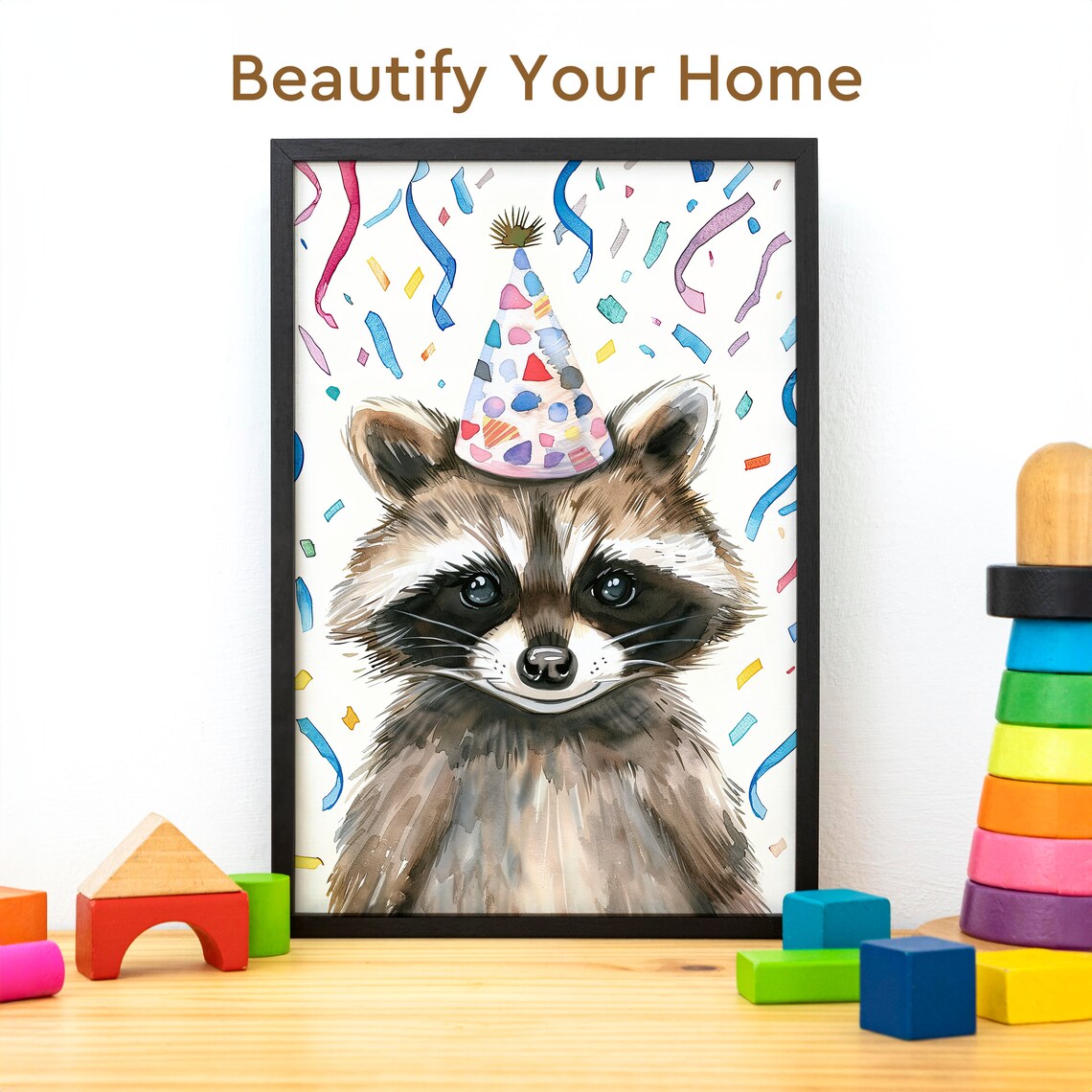 Smiling Raccoon Wearing a Birthday Party Hat with Confetti Poster - Image 3