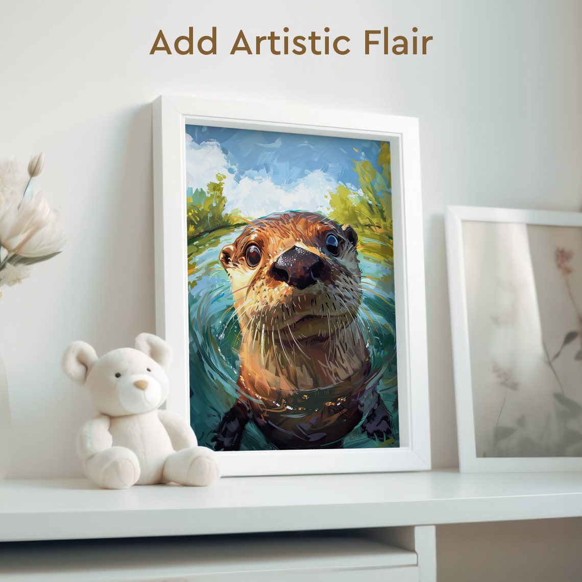 Curious Sea Otter Swimming Close Up Painterly Portrait Poster - Image 3