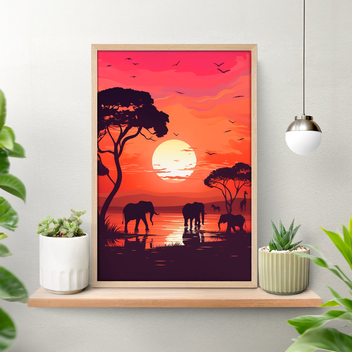 African Safari Sunset Elephants Giraffes Waterhole Silhouette Poster