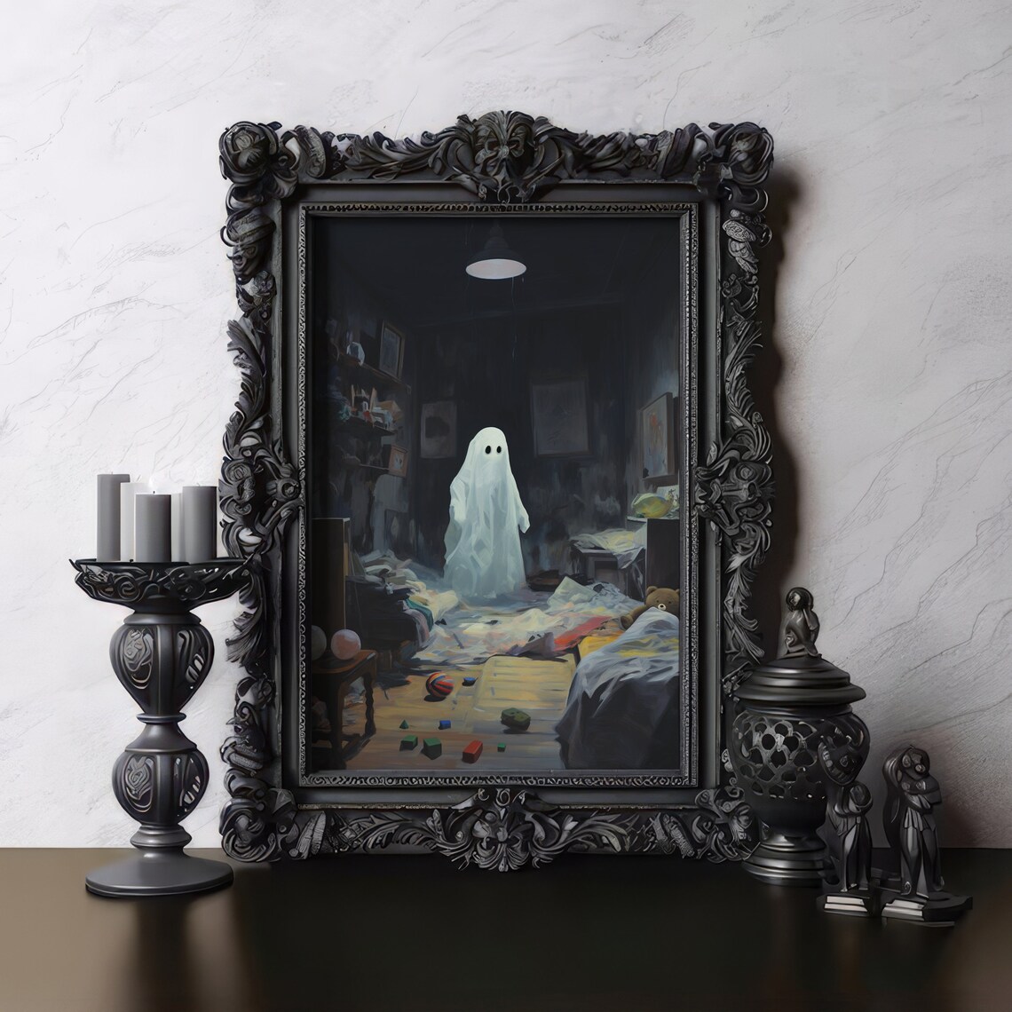 Cute Ghost in Messy Kids Bedroom Toys Night Dark Academia Poster