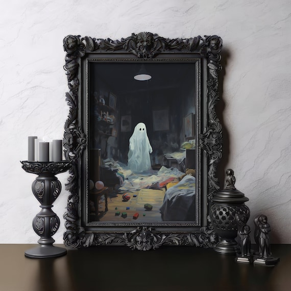 Cute Ghost in Messy Kids Bedroom Toys Night Dark Academia Poster